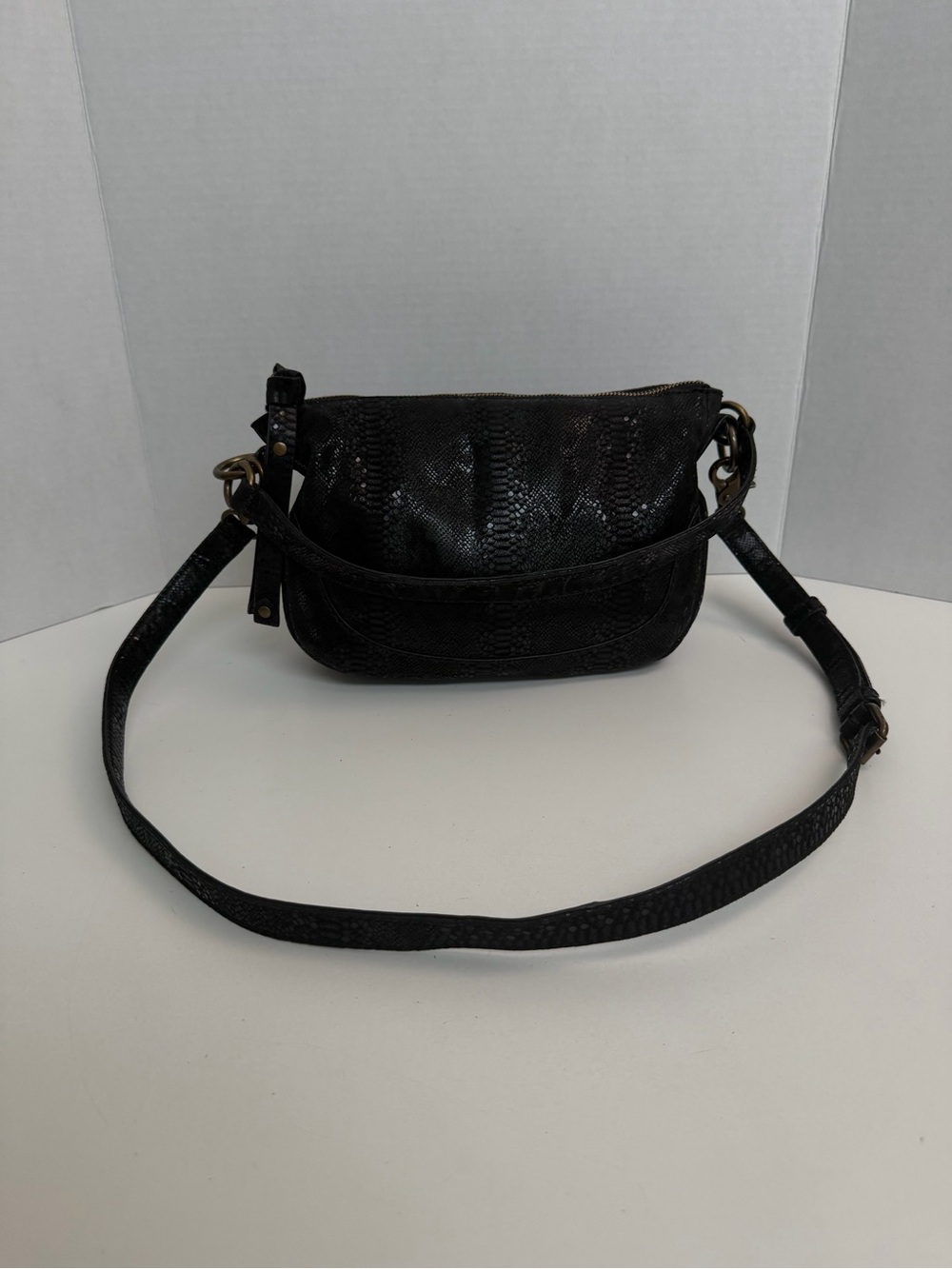 Frye Melissa Purse Crossbody Handbag Convertible Leather Reptile Black Bronze